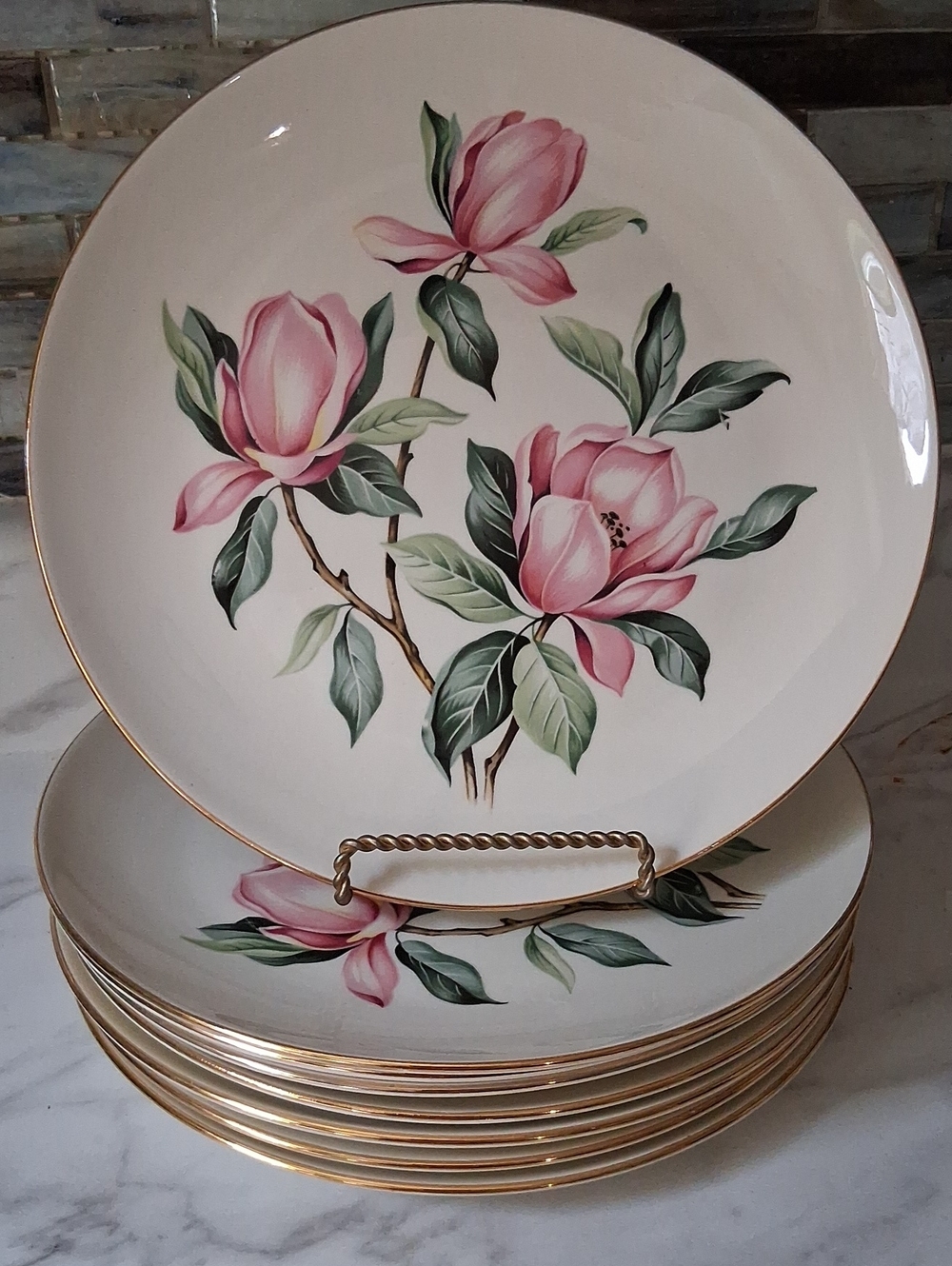 8 Vintage Homer Laughlin Rhythm Pink Magnolia 10 1/8" Dinner Plates Gold Trim